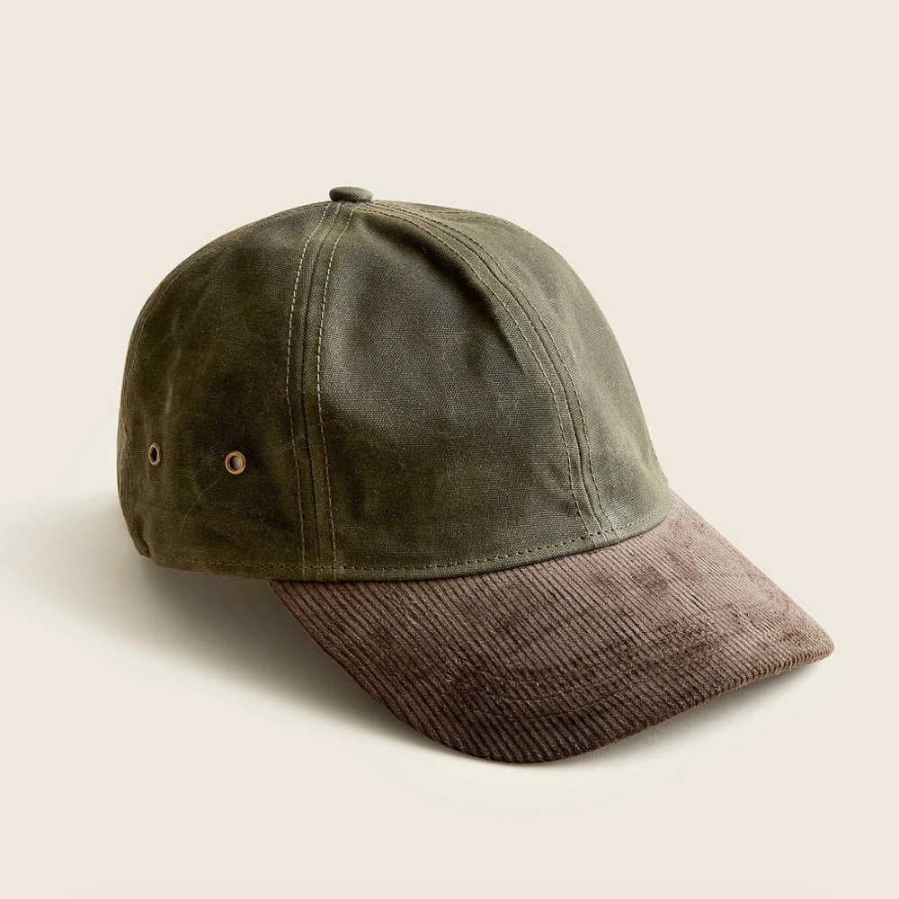 J Crew Hat Mens Strapback Olive Green Waxed Canvas and corduroy Cap